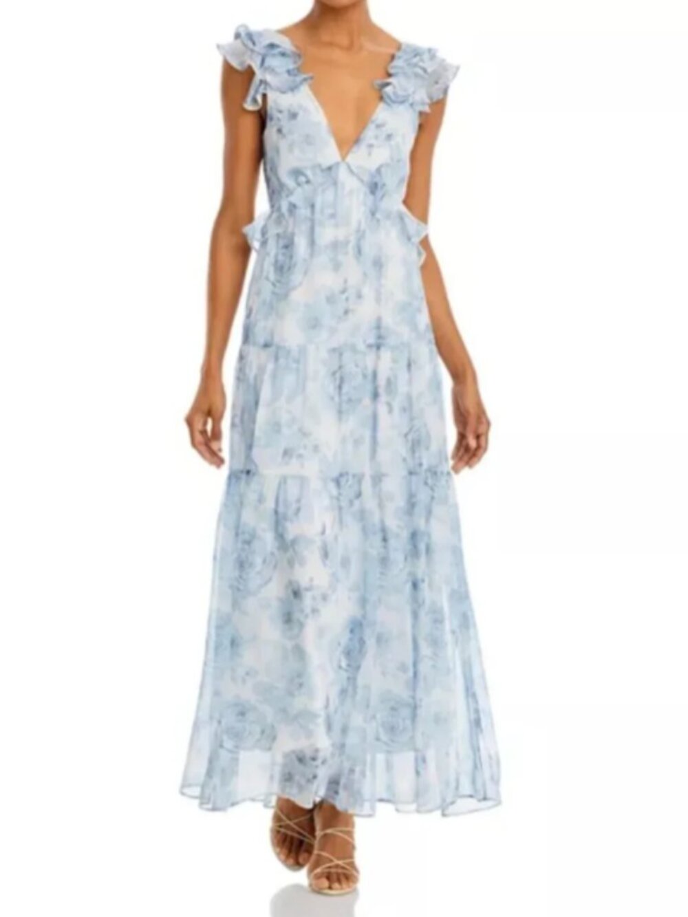 AQUA Pale Blue Ruffle Trim Maxi Dress, Size XL